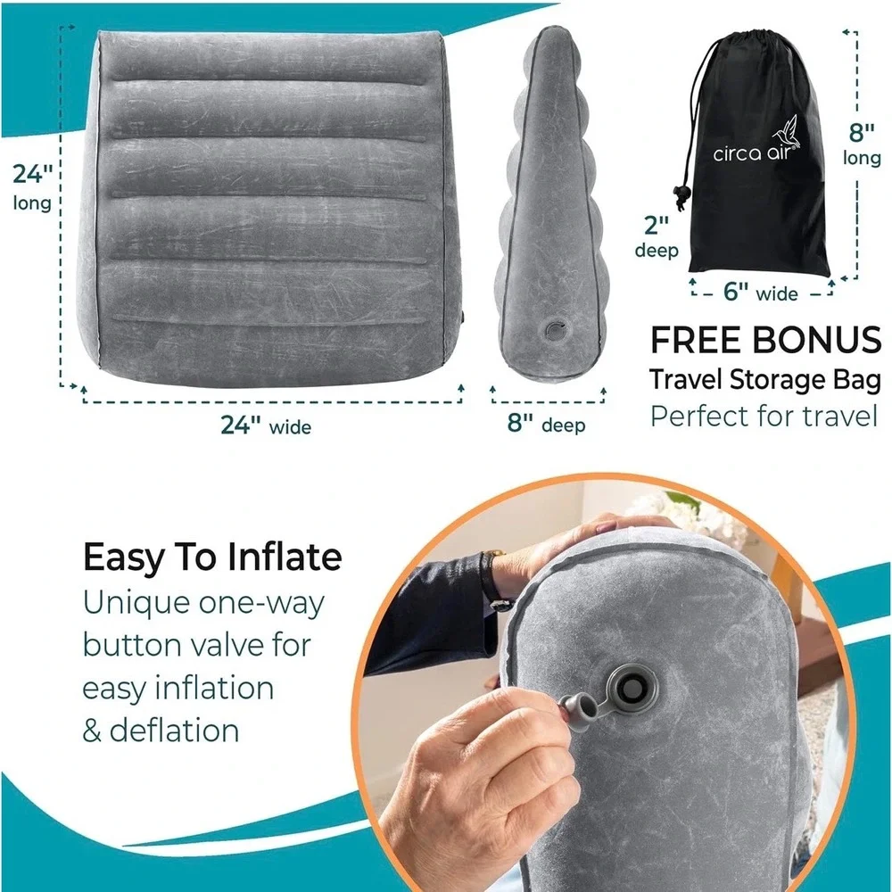 Circa Air Inflatable Wedge Pillow 24x24x8 Travel Portable Gray with Cover Bag